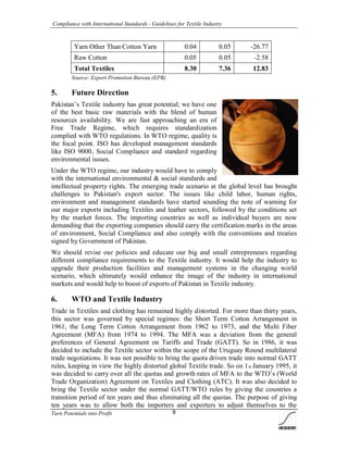 Compliance with International Standards - Guidelines for Textile Industry
Turn Potentials into Profit 9
Yarn Other Than Cotton Yarn 0.04 0.05 -26.77
Raw Cotton 0.05 0.05 -2.58
Total Textiles 8.30 7.36 12.83
Source: Export Promotion Bureau (EPB)
5. Future Direction
Pakistan’s Textile industry has great potential; we have one
of the best basic raw materials with the blend of human
resources availability. We are fast approaching an era of
Free Trade Regime, which requires standardization
complied with WTO regulations. In WTO regime, quality is
the focal point. ISO has developed management standards
like ISO 9000, Social Compliance and standard regarding
environmental issues.
Under the WTO regime, our industry would have to comply
with the international environmental & social standards and
intellectual property rights. The emerging trade scenario at the global level has brought
challenges to Pakistan's export sector. The issues like child labor, human rights,
environment and management standards have started sounding the note of warning for
our major exports including Textiles and leather sectors, followed by the conditions set
by the market forces. The importing countries as well as individual buyers are now
demanding that the exporting companies should carry the certification marks in the areas
of environment, Social Compliance and also comply with the conventions and treaties
signed by Government of Pakistan.
We should revise our policies and educate our big and small entrepreneurs regarding
different compliance requirements to the Textile industry. It would help the industry to
upgrade their production facilities and management systems in the changing world
scenario, which ultimately would enhance the image of the industry in international
markets and would help to boost of exports of Pakistan in Textile industry.
6. WTO and Textile Industry
Trade in Textiles and clothing has remained highly distorted. For more than thirty years,
this sector was governed by special regimes: the Short Term Cotton Arrangement in
1961, the Long Term Cotton Arrangement from 1962 to 1973, and the Multi Fiber
Agreement (MFA) from 1974 to 1994. The MFA was a deviation from the general
preferences of General Agreement on Tariffs and Trade (GATT). So in 1986, it was
decided to include the Textile sector within the scope of the Uruguay Round multilateral
trade negotiations. It was not possible to bring the quota driven trade into normal GATT
rules, keeping in view the highly distorted global Textile trade. So on 1st January 1995, it
was decided to carry over all the quotas and growth rates of MFA to the WTO’s (World
Trade Organization) Agreement on Textiles and Clothing (ATC). It was also decided to
bring the Textile sector under the normal GATT/WTO rules by giving the countries a
transition period of ten years and thus eliminating all the quotas. The purpose of giving
ten years was to allow both the importers and exporters to adjust themselves to the
 