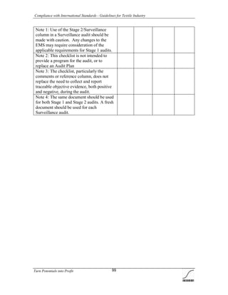 Compliance with International Standards - Guidelines for Textile Industry
Turn Potentials into Profit 99
Note 1: Use of the Stage 2/Surveillance
column in a Surveillance audit should be
made with caution. Any changes to the
EMS may require consideration of the
applicable requirements for Stage 1 audits.
Note 2: This checklist is not intended to
provide a program for the audit, or to
replace an Audit Plan
Note 3: The checklist, particularly the
comments or reference column, does not
replace the need to collect and report
traceable objective evidence, both positive
and negative, during the audit.
Note 4: The same document should be used
for both Stage 1 and Stage 2 audits. A fresh
document should be used for each
Surveillance audit.
 