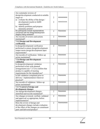Compliance with International Standards - Guidelines for Textile Industry
Turn Potentials into Profit 82
Are systematic reviews of
design/development conducted at suitable
stages to:
a) evaluate the ability of the design /
development results to fulfill
requirements?
b) identify problems and propose
necessary actions?
2
2
xxxxxxxxxxx
xxxxxxxxx
Do participants include representatives
concerned with the design/development
stage(s) being reviewed?
2 Xxxxxxxxx
Are records of reviews and actions
maintained?
2 Xxxxxxxxx
7.3.5 Design and Development
verification
Is design/development verification
performed to ensure design/development
output meets design/development input
requirements?
2 Xxxxxxxxx
Are records of verification / follow-up
action maintained?
2 Xxxxxxxxx
7.3.6 Design and Development
validation
Is design/development validation
performed in line with planned
arrangements (see 7.3.1) to confirm that
product is capable of meeting
requirements for the intended use?
2 Xxxxxxxxx
Is full validation completed prior to
delivery / implementation wherever
practical?
2 Xxxxxxxxx
Are records of validation / follow-up
action maintained?
2 Xxxxxxxxx
7.3.7 Control of design and
development changes
Are design/development changes
identified and records maintained?
2 Xxxxxxxxx
Are changes reviewed, verified, validated
and approved, as appropriate, before
implementation?
2 Xxxxxxxxx
Does the review of design and
development changes include evaluation
of the effect of the changes on constituent
parts and delivered product?
2 Xxxxxxxxxxx
 