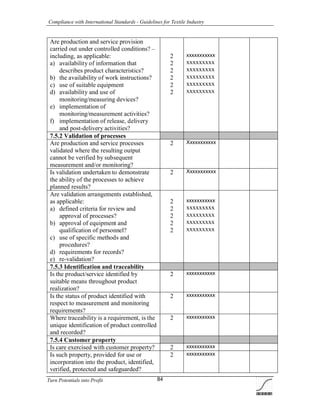 Compliance with International Standards - Guidelines for Textile Industry
Turn Potentials into Profit 84
Are production and service provision
carried out under controlled conditions? –
including, as applicable:
a) availability of information that
describes product characteristics?
b) the availability of work instructions?
c) use of suitable equipment
d) availability and use of
monitoring/measuring devices?
e) implementation of
monitoring/measurement activities?
f) implementation of release, delivery
and post-delivery activities?
2
2
2
2
2
2
xxxxxxxxxxx
xxxxxxxxx
xxxxxxxxx
xxxxxxxxx
xxxxxxxxx
xxxxxxxxx
7.5.2 Validation of processes
Are production and service processes
validated where the resulting output
cannot be verified by subsequent
measurement and/or monitoring?
2 Xxxxxxxxxxx
Is validation undertaken to demonstrate
the ability of the processes to achieve
planned results?
2 Xxxxxxxxxxx
Are validation arrangements established,
as applicable:
a) defined criteria for review and
approval of processes?
b) approval of equipment and
qualification of personnel?
c) use of specific methods and
procedures?
d) requirements for records?
e) re-validation?
2
2
2
2
2
xxxxxxxxxxx
xxxxxxxxx
xxxxxxxxx
xxxxxxxxx
xxxxxxxxx
7.5.3 Identification and traceability
Is the product/service identified by
suitable means throughout product
realization?
2 xxxxxxxxxxx
Is the status of product identified with
respect to measurement and monitoring
requirements?
2 xxxxxxxxxxx
Where traceability is a requirement, is the
unique identification of product controlled
and recorded?
2 xxxxxxxxxxx
7.5.4 Customer property
Is care exercised with customer property? 2 xxxxxxxxxxx
Is such property, provided for use or
incorporation into the product, identified,
verified, protected and safeguarded?
2 xxxxxxxxxxx
 