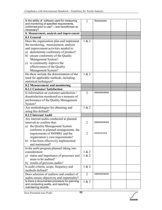 Compliance with International Standards - Guidelines for Textile Industry
Turn Potentials into Profit 86
Is the ability of software used for measuring
and monitoring of specified requirements,
confirmed prior to use? – and reconfirmed as
necessary?
2 Xxxxxxxxx
8. Measurement, analysis and improvement
8.1 General
Does the organization plan and implement
the monitoring, measurement, analysis
and improvement activities needed to:
a) demonstrate conformity of product?
b) ensure conformity of the Quality
Management System?
c) to continually improve the
effectiveness of the Quality
Management System?
1 & 2
Do these include the determination of the
need for applicable methods, including
statistical techniques?
1 & 2
8.2 Measurement and monitoring
8.2.1 Customer Satisfaction
Is information on customer satisfaction /
dissatisfaction monitored as a measure of
performance of the Quality Management
System?
2 xxxxxxxxxxx
Are methodologies for obtaining and
using this defined?
1 & 2
8.2.2 Internal Audit
Are internal audits conducted at planned
intervals to confirm that:
a) the Quality Management System
conforms to planned arrangements, the
requirements of ISO9001 and the
organization’s own requirements?
b) it has been effectively implemented
and maintained?
2
2
xxxxxxxxxxx
xxxxxxxx
Is the audit program planned taking into
consideration:
a) status and importance of processes and
areas to be audited?
b) results of previous audits?
1 & 2
1 & 2
Is audit criteria, scope, frequency and
methods defined?
1 & 2
Does selection of auditors and conduct of
audits ensure objectivity and impartiality?
2 xxxxxxxxxxx
Is there a documented procedure for planning
and conducting audits, and reporting /
maintaining records
1 & 2
 