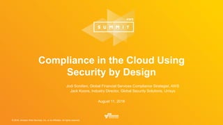 © 2016, Amazon Web Services, Inc. or its Affiliates. All rights reserved.
Jodi Scrofani, Global Financial Services Compliance Strategist, AWS
Jack Koons, Industry Director, Global Security Solutions, Unisys
August 11, 2016
Compliance in the Cloud Using
Security by Design
 