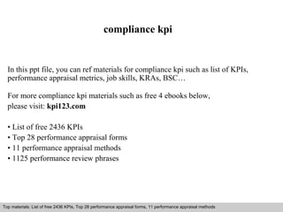 compliance kpi 
In this ppt file, you can ref materials for compliance kpi such as list of KPIs, 
performance appraisal metrics, job skills, KRAs, BSC… 
For more compliance kpi materials such as free 4 ebooks below, 
please visit: kpi123.com 
• List of free 2436 KPIs 
• Top 28 performance appraisal forms 
• 11 performance appraisal methods 
• 1125 performance review phrases 
Top materials: List of free 2436 KPIs, Top 28 performance appraisal forms, 11 performance appraisal methods 
Interview questions and answers – free download/ pdf and ppt file 
 
