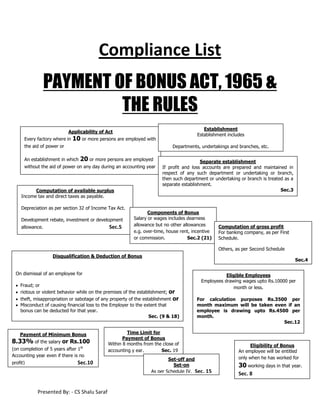 Compliance List
PAYMENT OF BONUS ACT, 1965 &
THE RULES
Establishment
Establishment includes

Applicability of Act
Every factory where in

10 or more persons are employed with

the aid of power or

Departments, undertakings and branches, etc.

An establishment in which

20 or more persons are employed

without the aid of power on any day during an accounting year

Computation of available surplus
Income tax and direct taxes as payable.
Depreciation as per section 32 of Income Tax Act.
Development rebate, investment or development
allowance.

Sec.5

Separate establishment
If profit and loss accounts are prepared and maintained in
respect of any such department or undertaking or branch,
then such department or undertaking or branch is treated as a
separate establishment.
Sec.3

Components of Bonus
Salary or wages includes dearness
allowance but no other allowances
e.g. over-time, house rent, incentive
or commission.
Sec.2 (21)

Computation of gross profit
For banking company, as per First
Schedule.
Others, as per Second Schedule

Disqualification & Deduction of Bonus

Sec.4

On dismissal of an employee for
Fraud; or
riotous or violent behavior while on the premises of the establishment; or
theft, misappropriation or sabotage of any property of the establishment or
Misconduct of causing financial loss to the Employer to the extent that
bonus can be deducted for that year.
Sec. (9 & 18)

Payment of Minimum Bonus

8.33% of the salary or Rs.100
(on completion of 5 years after 1st
Accounting year even if there is no
profit)

Sec.10

Presented By: - CS Shalu Saraf

Eligible Employees
Employees drawing wages upto Rs.10000 per
month or less.
For calculation purposes Rs.3500 per
month maximum will be taken even if an
employee is drawing upto Rs.4500 per
month.
Sec.12

Time Limit for
Payment of Bonus
Within 8 months from the close of
accounting y ear.
Sec. 19
Set-off and
Set-on
As per Schedule IV. Sec. 15

Eligibility of Bonus
An employee will be entitled
only when he has worked for

30 working days in that year.
Sec. 8

 