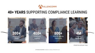 40+ years supporting compliance LEARNING
200+ 400+ 4M
600+
Enterprise
Clients
Compliance
Initiatives
Learners

Worldwide
Hours of Learning
Experiences
All totals from only the past 10 years
LX Practice Essentials Compliance Learning | AllenComm.com
 