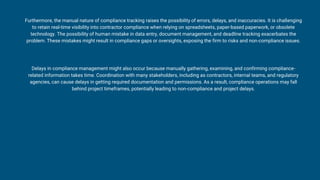 Furthermore, the manual nature of compliance tracking raises the possibility of errors, delays, and inaccuracies. It is challenging
to retain real-time visibility into contractor compliance when relying on spreadsheets, paper-based paperwork, or obsolete
technology. The possibility of human mistake in data entry, document management, and deadline tracking exacerbates the
problem. These mistakes might result in compliance gaps or oversights, exposing the firm to risks and non-compliance issues.
Delays in compliance management might also occur because manually gathering, examining, and confirming compliance-
related information takes time. Coordination with many stakeholders, including as contractors, internal teams, and regulatory
agencies, can cause delays in getting required documentation and permissions. As a result, compliance operations may fall
behind project timeframes, potentially leading to non-compliance and project delays.
 