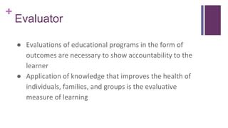 +
Evaluator
● Evaluations of educational programs in the form of
outcomes are necessary to show accountability to the
learner
● Application of knowledge that improves the health of
individuals, families, and groups is the evaluative
measure of learning
 