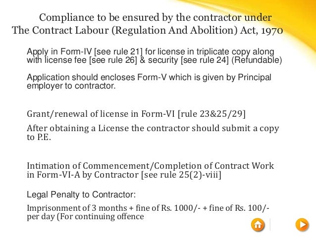 form v act 1970 labour contract india in Compliance under laws labour