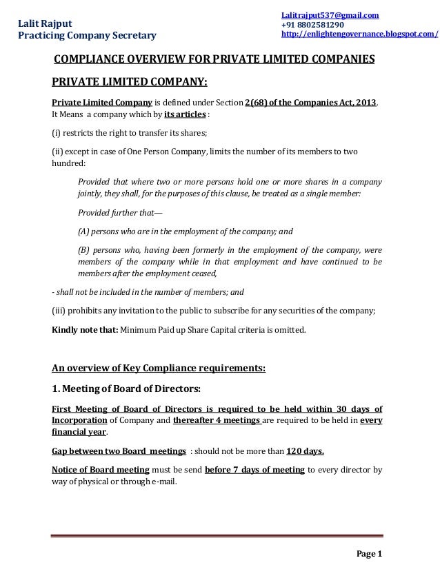 Compliance Overview For Private Limited Company By Pcs Lalit Rajput