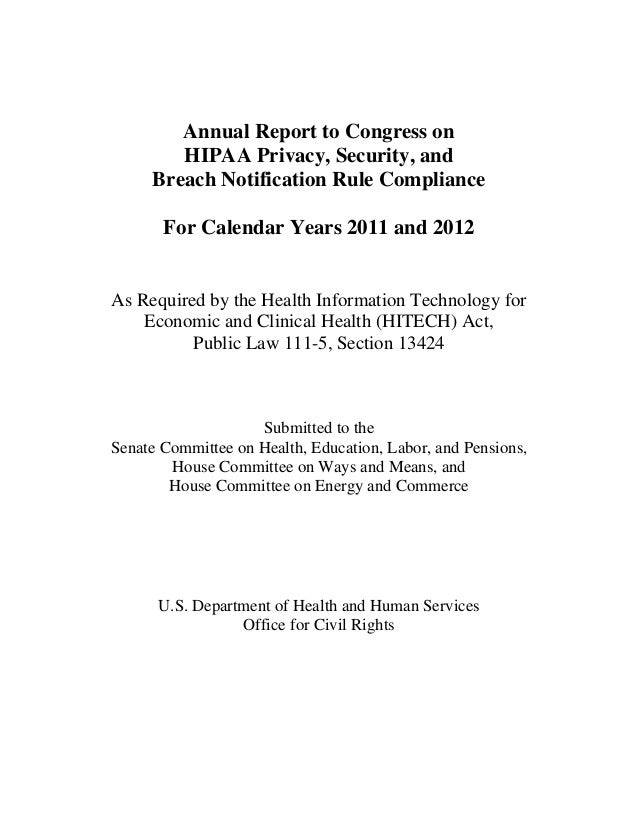 HIPAA compliance report submitted to Congress by DHHS OCR