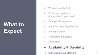 What to
Expect
✓ Who is this talk for?
✓ What is compliance
& why should you care?
✓ Change Management
✓ AWS Account Organ...