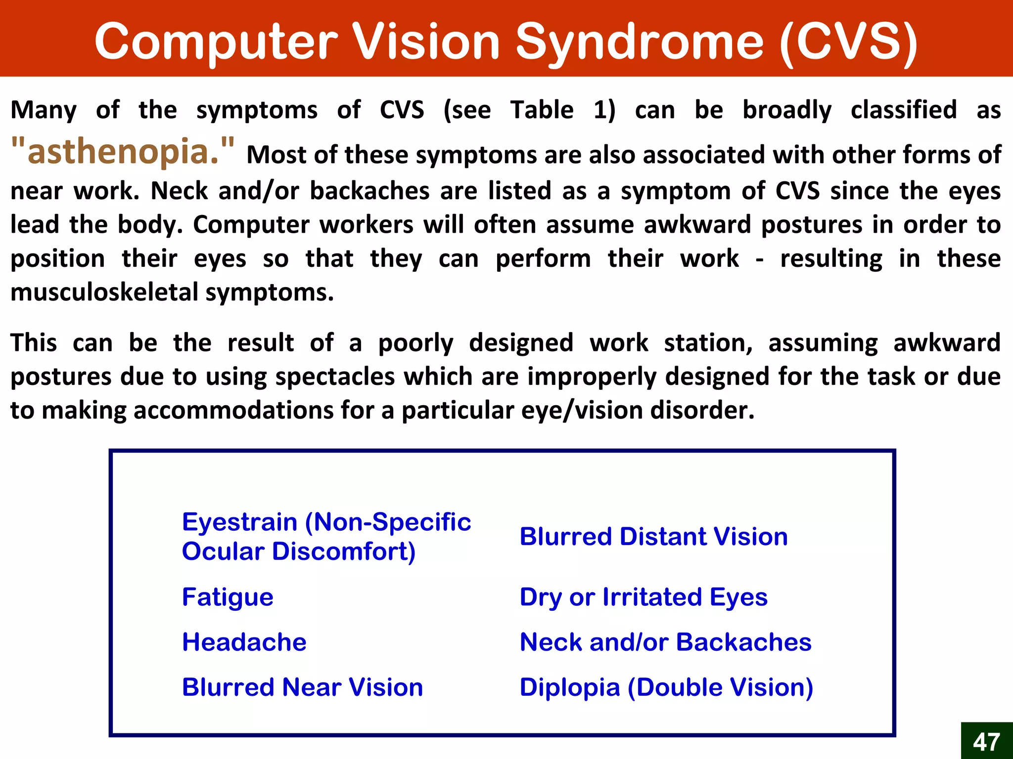 Computer Vision Syndrome (CVS)
47
Many of the symptoms of CVS (see Table 1) can be broadly classified as
"asthenopia." Most of these symptoms are also associated with other forms of
near work. Neck and/or backaches are listed as a symptom of CVS since the eyes
lead the body. Computer workers will often assume awkward postures in order to
position their eyes so that they can perform their work - resulting in these
musculoskeletal symptoms.
This can be the result of a poorly designed work station, assuming awkward
postures due to using spectacles which are improperly designed for the task or due
to making accommodations for a particular eye/vision disorder.
Eyestrain (Non-Specific
Ocular Discomfort)
Blurred Distant Vision
Fatigue Dry or Irritated Eyes
Headache Neck and/or Backaches
Blurred Near Vision Diplopia (Double Vision)
 