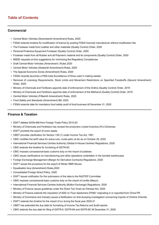 Table of Contents
Commercial
• Central Motor Vehicles (Seventeenth Amendment) Rules, 2020
• FSSAI extends timeline for modification of licence by existing FSSAI licenced manufacturer without modification fee
• The Footwear made from Leather and other materials (Quality Control) Order, 2020
• Personal Protective Equipment Footwear (Quality Control) Order, 2020
• Footwear made from all Rubber and all Polymeric material and its components (Quality Control) Order, 2020
• MSDE requests on-line suggestions for minimizing the Regulatory Compliances
• Draft Central Motor Vehicles (Amendment ) Rules 2020
• Central Motor Vehicles (Sixteenth Amendment) Rules, 2020
• The Special Economic Zones (Amendment) Rules, 2020
• FSSAI recently launches a PAN India Surveillance of Khoa used in making sweets
• Removal of Licensing Requirements, Stock Limits and Movement Restrictions on Specified Foodstuffs (Second Amendment)
Order, 2020
• Ministry of Chemicals and Fertilizers appoints date of enforcement of the Aniline (Quality Control) Order, 2019
• Ministry of Chemicals and Fertilizers appoints date of enforcement of the Methanol (Quality Control) Order, 2019
• Central Motor Vehicles (Fifteenth Amendment) Rules, 2020
• Food Safety and Standards (Amendment) Bill, 2020
• FSSAI extends date for mandatory food safety audit of food business till December 31, 2020
Finance & Taxation
• DGFT deletes SION-468 from Foreign Trade Policy 2015-20
• Ministry of Chemicals and Fertilisers has revised the production Linked Incentive (PLI) Schemes
• DGFT prohibits the export of onion seeds
• CBDT provides clarification for Section 139 (1) under Income Tax Act, 1961
• CBIC modifies the tariff value for areca nuts, crude palm oil etc as on October 29, 2020
• International Financial Services Centres Authority (Global In-House Centres) Regulations, 2020
• CBIC extends the timeline for furnishing of GSTR-9C
• CBIC imposes concessional basic customs duty on the import of potatoes
• CBIC issues clarifications on manufacturing and other operations undertaken in the bonded warehouses
• Foreign Exchange Management (Margin for Derivative Contracts) Regulations, 2020
• DGFT issues the procedure for the export of Nitrile/ NBR Gloves
• Equalisation levy (Amendment) Rules,2020
• Consolidated Foreign Direct Policy, 2020
• DGFT issues notification for the submission of the data to the RoDTEP Committee
• CBIC imposes concessional basic customs duty on the import of Lentils (Masur)
• International Financial Services Centres Authority (Bullion Exchange) Regulations, 2020
• Ministry of Finance issues guidelines under the Direct Tax Vivad se Vishwas Act, 2020
• Ministry of Finance extends the imposition of ADD on Fluor elastomers (FKM)” originating in or exported from China PR
• Ministry of Commerce and Industry issues a Notification on Anti-dumping investigation concerning imports of Choline Chloride
• DGFT extends the timeline for the import of tur during the fiscal year 2020-21
• CBDT has extended the due date for furnishing of Income Tax Returns and Audit reports
• CBIC extends the due date for filing of GSTR-9, GSTR-9A and GSTR-9C till December 31, 2020
 
