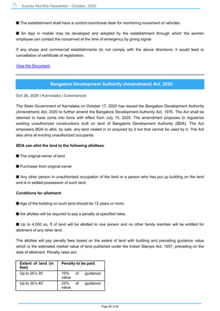 Avantis Monthly Newsletter : October, 2020
Page 66 of 82
s The establishment shall have a control room/travel desk for monitoring movement of vehicles.
s An App in mobile may be developed and adopted by the establishment through which the women
employee can contact the concerned at the time of emergency by giving signal.
If any shops and commercial establishments do not comply with the above directions, it would lead to
cancellation of certificate of registration.
View the Document
Bangalore Development Authority (Amendment) Act, 2020
Oct 26, 2020 | Karnataka | Commercial
The State Government of Karnataka on October 17, 2020 has issued the Bangalore Development Authority
(Amendment) Act, 2020 to further amend the Bangalore Development Authority Act, 1976. The Act shall be
deemed to have come into force with effect from July 10, 2020. The amendment proposes to regularize
existing unauthorized constructions built on land of Bangalore Development Authority (BDA). The Act
empowers BDA to allot, by sale, any land vested in or acquired by it but that cannot be used by it. The Act
also aims at evicting unauthorized occupants.
BDA can allot the land to the following allottees:
s The original owner of land
s Purchaser from original owner
s Any other person in unauthorised occupation of the land or a person who has put up building on the land
and is in settled possession of such land.
Conditions for allotment:
s Age of the building on such land should be 12 years or more.
s the allottee will be required to pay a penalty at specified rates.
s Up to 4,000 sq. ft of land will be allotted to one person and no other family member will be entitled for
allotment of any other land.
The allottee will pay penalty fees based on the extent of land with building and prevailing guidance value
which is the estimated market value of land published under the Indian Stamps Act, 1957, prevailing on the
date of allotment. Penalty rates are:
Extent of land (in
feet)
Penalty to be paid
Up to 20’x 30’ 10% of guidance
value
Up to 30’x 40’ 25% of guidance
value
 