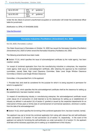 Avantis Monthly Newsletter : October, 2020
Page 67 of 82
Up to 40’x 60’ 40% of guidance
value
Up to 50’x 80’ 50% of guidance
value
Under the Act, failure to prevent unauthorised occupation or construction will render the jurisdictional officer
liable for punishment.
[Notification no: DPAL 41 SHASANA 2020]
View the Document
Karnataka Industries (Facilitation) (Amendment) Act, 2020
Oct 26, 2020 | Karnataka | Labour
The State Government of Karnataka on October 19, 2020 has issued the Karnataka Industries (Facilitation)
(Amendment) Act, 2020 to further amend the Karnataka Industries (Facilitation) Act, 2002.
The following amendments have been made:
s Section 13 (h), which specifies the issue of acknowledgment certificate by the nodal agency, has been
inserted, namely:
“on receipt of combined application form from the manufacturing industries or enterprises, the respective
nodal agency shall issue an acknowledgment certificate, after obtaining the approval by the investment
committees, namely State High Level Clearance Committee, State Level Single Window Clearance
Committee or District Level Single Window Clearance
Committee, in the prescribed form, to the applicant:
1. Provided that, land shall be considered for the purpose for which it is being acquired or permission for
which it is applied for.”
s Section 13 (3), which specifies that the acknowledgement certificate shall be the clearance for setting up
the establishment, has been inserted, namely:
“In respect of manufacturing industry or manufacturing enterprise, the acknowledgement certificate issued
under clause (h) of sub-section (1) shall deemed to be the clearances for setting up or establishment of
Industry as defined in sub-section (iii) of section 2, granted or issued by the respective departments for an
initial period of three years or till the date of commencement of commercial operations, whichever is earlier,
from the date of its acknowledgement.”
s Section 14 (2), which specifies the furnishing of the combined application form, has been inserted, namely:
“the applicant may opt to furnish the combined application form along with relevant fee and self-certification
under sub-section (1) of section 14 and sub-section (3) of section 15, respectively. In the event of the
applicant not opting for furnishing the self-certification as under sub-section (3) of section 15, the applicant
shall take all the necessary approvals prior to setting up or establishment of the industry.”
 