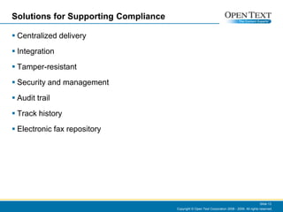 Solutions for Supporting ComplianceCentralized deliveryIntegrationTamper-resistantSecurity and managementAudit trailTrack historyElectronic fax repositoryCopyright © Open Text Corporation 2008 - 2009. All rights reserved.Slide 13
