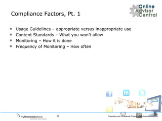 Compliance Factors, Pt. 1 Usage Guidelines C appropriate versus inappropriate use Content Standards C What you wont allow Monitoring C How it is done Frequency of Monitoring C How often 