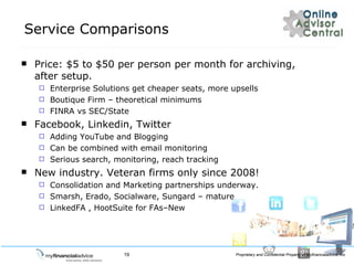 Service Comparisons Price: $5 to $50 per person per month for archiving, after setup.  Enterprise Solutions get cheaper seats, more upsells Boutique Firm C theoretical minimums FINRA vs SEC/State Facebook, Linkedin, Twitter Adding YouTube and Blogging Can be combined with email monitoring Serious search, monitoring, reach tracking New industry. Veteran firms only since 2008! Consolidation and Marketing partnerships underway.  Smarsh, Erado, Socialware, Sungard C mature LinkedFA , HootSuite for FAsCNew 