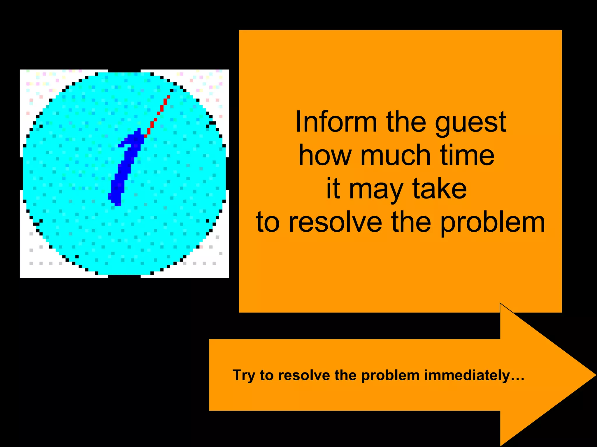 Inform the guest how much time  it may take  to resolve the problem Try to resolve the problem immediately… 
