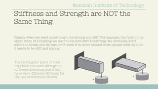 Stiffness and Strength are NOT the
Same Thing
Ramaiah Institute of Technology
Usually when we want something to be strong and stiff. For example, the floor in the
upper story of a building we want to be both stiff andstrong. We obviously don’t
want it to break, but we also don’t want it to move around when people walk on it. So
it needs to be stiff and strong.
The rectangular piece of steel
may have the same strength in
different directions, but it will
have very different stiffness for
the two orientations shown
 