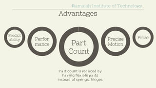 Advantages
P a rt count is reduced by
ha ving flexible pa rts
instea d of springs, hinges
Ramaiah Institute of Technology
Precise
Motion
Price
Part
Count
Perfor
mance
Predict
ability
 