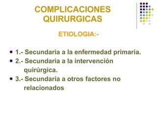 COMPLICACIONES QUIRURGICAS ETIOLOGIA:- 1.- Secundaria a la enfermedad primaria. 2.- Secundaria a la intervención  quirúrgica. 3.- Secundaria a otros factores no  relacionados   