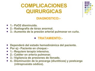 COMPLICACIONES QUIRURGICAS DIAGNOSTICO:- 1.- PaO2 disminuida. 2.- Radiografía de tórax anormal. 3.- Aumento de la presión arterial pulmonar en cuña. TRATAMIENTO:- Dependerá del estado hemodinámica del paciente. Por ej:- Paciente en choque:- 1.- Requiere terapia intensiva. 2.- Catéter en arteria pulmonar. 3.- Vigilancia de presiones de llenado. 4.- Disminución de la precarga (diuréticos) y postcarga  (nitroprusiato sódico). 