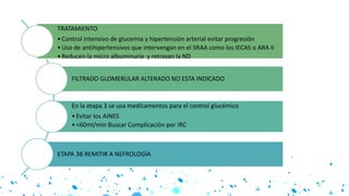 TRATAMIENTO
•Control intensivo de glucemia y hipertensión arterial evitar progresión
•Uso de antihipertensivos que intervengan en el SRAA como los IECAS o ARA II
•Reducen la micro albuminuria y retrasan la ND
FILTRADO GLOMERULAR ALTERADO NO ESTA INDICADO
En la etapa 3 se usa medicamentos para el control glucémico
•Evitar los AINES
•<60ml/min Buscar Complicación por IRC
ETAPA 3B REMITIR A NEFROLOGÍA
 
