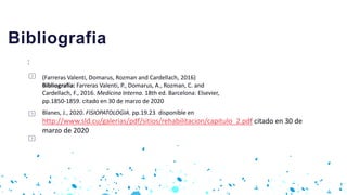 (Farreras Valenti, Domarus, Rozman and Cardellach, 2016)
Bibliografía: Farreras Valenti, P., Domarus, A., Rozman, C. and
Cardellach, F., 2016. Medicina Interna. 18th ed. Barcelona: Elsevier,
pp.1850-1859. citado en 30 de marzo de 2020
:
Bibliografia
Blanes, J., 2020. FISIOPATOLOGIA. pp.19.23. disponible en
http://www.sld.cu/galerias/pdf/sitios/rehabilitacion/capitulo_2.pdf citado en 30 de
marzo de 2020
 