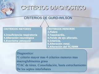 CRITERIOS DIAGNOSTICO
                CRITERIOS DE GURD-WILSON


CRITERIOS MAYORES               CRITERIOS MENORES
                                2.Fiebre
3.Insuficiencia respiratoria    3.Taquicardia.
4.Alteración neurológica        4.Fondo de ojo alterado.
5.Exantema petequial            5.Ictericia.
                                6.Alteración renal.
                                7.Alteración del TC/RMN

          Diagnostico:
          •1 criterio mayor mas 4 criterios menores mas
          macroglubinemia grasa
          •TAC de tórax. Consolidación, hasta estrechamiento
          De los septos interlobares
 