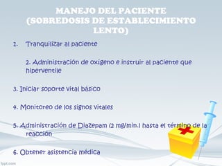 MANEJO DEL PACIENTE (SOBREDOSIS DE ESTABLECIMIENTO LENTO) Tranquilizar al paciente  2. Administración de oxígeno e instruir al paciente que hiperventile 3. Iniciar soporte vital básico 4. Monitoreo de los signos vitales 5. Administración de Diazepam (2 mg/min.) hasta el término de la reacción 6. Obtener asistencia médica 7. Recuperación del paciente 