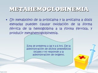 METAHEMOGLOBINEMIA Un metabolito de la prilocaina y la articaina a dosis elevadas pueden causar oxidación de la forma férrica de la hemoglobina a la forma ferrosa, y producir metahemoglobinemia. Esta se presenta a las 4 a 6 hrs. De la administración de dichos anestésicos locales y no responde a la administracion de oxigeno. 
