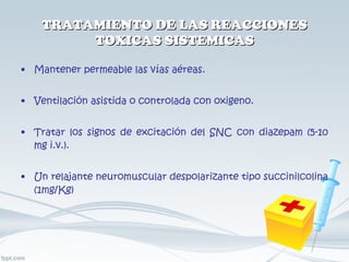TRATAMIENTO DE LAS REACCIONES TOXICAS SISTEMICAS Mantener permeable las vías aéreas. Ventilación asistida o controlada con oxigeno. Tratar los signos de excitación del SNC con diazepam (5-10 mg i.v.). Un relajante neuromuscular despolarizante tipo succinilcolina (1mg/Kg) 