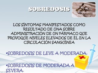 SOBREDOSIS LOS SÍNTOMAS MANIFESTADOS COMO RESULTADO DE UNA SOBRE ADMINISTRACIÓN DE UN FÁRMACO QUE PROVOQUE NIVELES ELEVADOS DE ÉL EN LA CIRCULACIÓN SANGUÍNEA SOBREDOSIS DE LEVE A MODERADA. SOBREDOSIS DE MODERADA A SEVERA. 