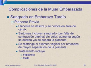 Complicaciones de la Mujer Embarazada
     Sangrado en Embarazo Tardío
         Placenta             Previa
               Placenta se desliza y se coloca en área de
                cérvix.
               Síntomas incluyen sangrado (por falta de
                contracción uterina) sin dolor, aumenta según
                se desliza y/o se separa la placenta.
               Se restringe el examen vaginal por amenaza
                de mayor separación de la placenta.
               Tratamiento incluye
                         Vigilancia
                         Parto


08 de octubre de 2012              Prof. Elizabeth Roman RN, MSN   12
 