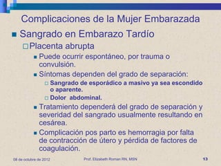 Complicaciones de la Mujer Embarazada
   Sangrado en Embarazo Tardío
      Placenta         abrupta
            Puede ocurrir espontáneo, por trauma o
             convulsión.
            Síntomas dependen del grado de separación:
                  Sangrado de esporádico a masivo ya sea escondido
                   o aparente.
                  Dolor abdominal.

            Tratamiento dependerá del grado de separación y
             severidad del sangrado usualmente resultando en
             cesárea.
            Complicación pos parto es hemorragia por falta
             de contracción de útero y pérdida de factores de
             coagulación.
08 de octubre de 2012        Prof. Elizabeth Roman RN, MSN            13
 