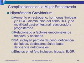 Complicaciones de la Mujer Embarazada
      Hiperémesis Gravidarium
          Aumento   en estrógeno, hormonas tiroideas
           y/o HCG, disminución del ácido HCL y de
           movilidad gastrointestinal relacionado a
           progesterona.
          Relacionado a factores emocionales de
           rechazo y ansiedad.
          S/S incluyen pérdida de peso, deficiencia
           de fluidos, desbalance ácido-base,
           deficiencia nutricionales.
          Efectos en el feto incluyen: hipoxia, IUGR.


08 de octubre de 2012   Prof. Elizabeth Roman RN, MSN    17
 