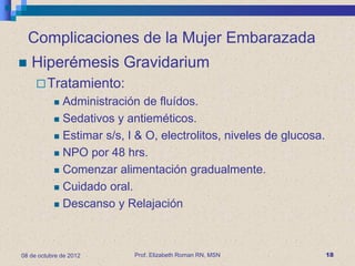 Complicaciones de la Mujer Embarazada
   Hiperémesis Gravidarium
      Tratamiento:
            Administración de fluídos.
            Sedativos y antieméticos.

            Estimar s/s, I & O, electrolitos, niveles de glucosa.

            NPO por 48 hrs.

            Comenzar alimentación gradualmente.

            Cuidado oral.

            Descanso y Relajación




08 de octubre de 2012      Prof. Elizabeth Roman RN, MSN             18
 
