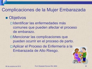 Complicaciones de la Mujer Embarazada
    Objetivos
        Identificarlas enfermedades más
         comunes que pueden afectar el proceso
         de embarazo.
        Mencionar las complicaciones que
         pueden ocurrir en el proceso de parto.
        Aplicar el Proceso de Enfermería a la
         Embarazada de Alto Riesgo.



 08 de octubre de 2012   Prof. Elizabeth Roman RN, MSN   2
 