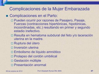 Complicaciones de la Mujer Embarazada
   Complicaciones en el Parto:
       Pueden   ocurrir por razones de Pasajero, Pasaje,
        Fuerzas (contracciones hipertónicas, hipotónicas,
        incoordinadas, etc.) resultando en primer y segundo
        estadio inefectivo.
       Resulta en hematoma subdural del feto y/o laceración
        uterina en la madre.
       Ruptura del útero
       Inversión uterina
       Embolismo de líquido amniótico
       Prolapso del cordón umbilical
       Gestación múltiple
       Presentación anormal

08 de octubre de 2012   Prof. Elizabeth Roman RN, MSN     27
 