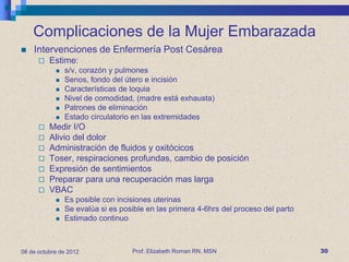 Complicaciones de la Mujer Embarazada
   Intervenciones de Enfermería Post Cesárea
         Estime:
               s/v, corazón y pulmones
               Senos, fondo del útero e incisión
               Características de loquia
               Nivel de comodidad, (madre está exhausta)
               Patrones de eliminación
               Estado circulatorio en las extremidades
         Medir I/O
         Alivio del dolor
         Administración de fluidos y oxitócicos
         Toser, respiraciones profundas, cambio de posición
         Expresión de sentimientos
         Preparar para una recuperación mas larga
         VBAC
               Es posible con incisiones uterinas
               Se evalúa si es posible en las primera 4-6hrs del proceso del parto
               Estimado continuo



08 de octubre de 2012              Prof. Elizabeth Roman RN, MSN                      30
 