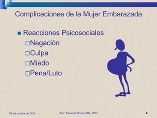 Complicaciones de la Mujer Embarazada

          Reacciones Psicosociales
           Negación
           Culpa
           Miedo
           Pena/Luto




08 de octubre de 2012   Prof. Elizabeth Roman RN, MSN   8
 