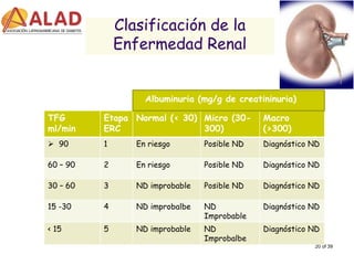 20 of 39 
Clasificación de la Enfermedad Renal 
TFG ml/min 
Etapa ERC 
Normal(< 30) 
Micro (30- 300) 
Macro (>300) 
90 
1 
En riesgo 
Posible ND 
Diagnóstico ND 
60 –90 
2 
En riesgo 
Posible ND 
Diagnóstico ND 
30 –60 
3 
ND improbable 
Posible ND 
Diagnóstico ND 
15 -30 
4 
ND improbalbe 
ND 
Improbable 
Diagnóstico ND 
< 15 
5 
ND improbable 
ND Improbalbe 
Diagnóstico ND 
Albuminuria (mg/g de creatininuria)  