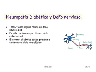 PBRC 2009 27 of 39 
Neuropatía Diabética y Daño nervioso 
~50% tienen alguna forma de daño neurológico 
Es más común a mayor tiempo de la enfermedad 
El control glicémico puede prevenir o controlar el daño neurológico.  