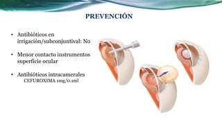 PREVENCIÓN
• Antibióticos en
irrigación/subconjuntival: No
• Menor contacto instrumentos
superficie ocular
• Antibióticos intracamerales
CEFUROXIMA 1mg/0.1ml
 