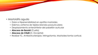 • Mastoiditis aguda
• Dolor e Hipersensibilidad en apófisis mastoides
• Edema y eritema de tejidos blandos posauriculares
• Desplazamiento anteroinferior del pabellón auricular
• Absceso de Bezold (Cuello)
• Absceso de Citelli (H. Occipital)
• Realizar TC, Antibioticoterapia. Miringotomia, Mastoidectomia cortical.
 