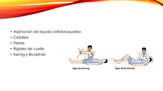 • Aspiracion de liquido cefaloraquideo
• Cefalea
• Fiebre
• Rigidez de cuello
• Kernig y Brudzinski
 
