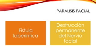 PARALISIS FACIAL
Fistula
laberíntica
Destrucción
permanente
del Nervio
facial
 