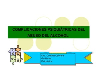 COMPLICACIONES PSIQUIÁTRICAS DEL
ABUSO DEL ALCOHOL
Dra. Cynthia Cabrera
Gutiérrez.
Psiquiatra.
Dra. Cynthia Cabrera
Gutiérrez.
Psiquiatra.
 