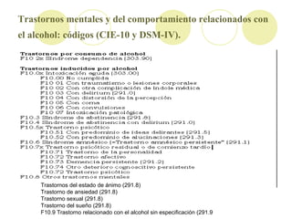 Trastornos mentales y del comportamiento relacionados con
el alcohol: códigos (CIE-10 y DSM-IV).
Trastornos del estado de ...